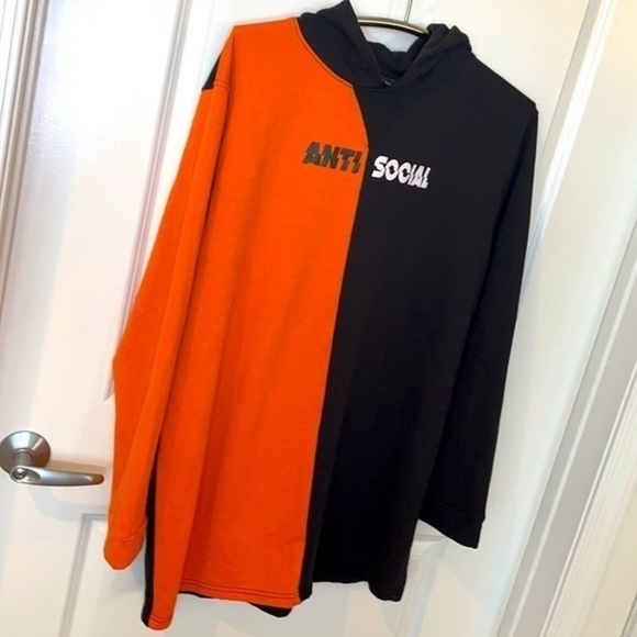 PRETTY LITTLE THING | “ANTI SOCIAL” Orange & Black Hooded Sweatshirt - Picture 6 of 7